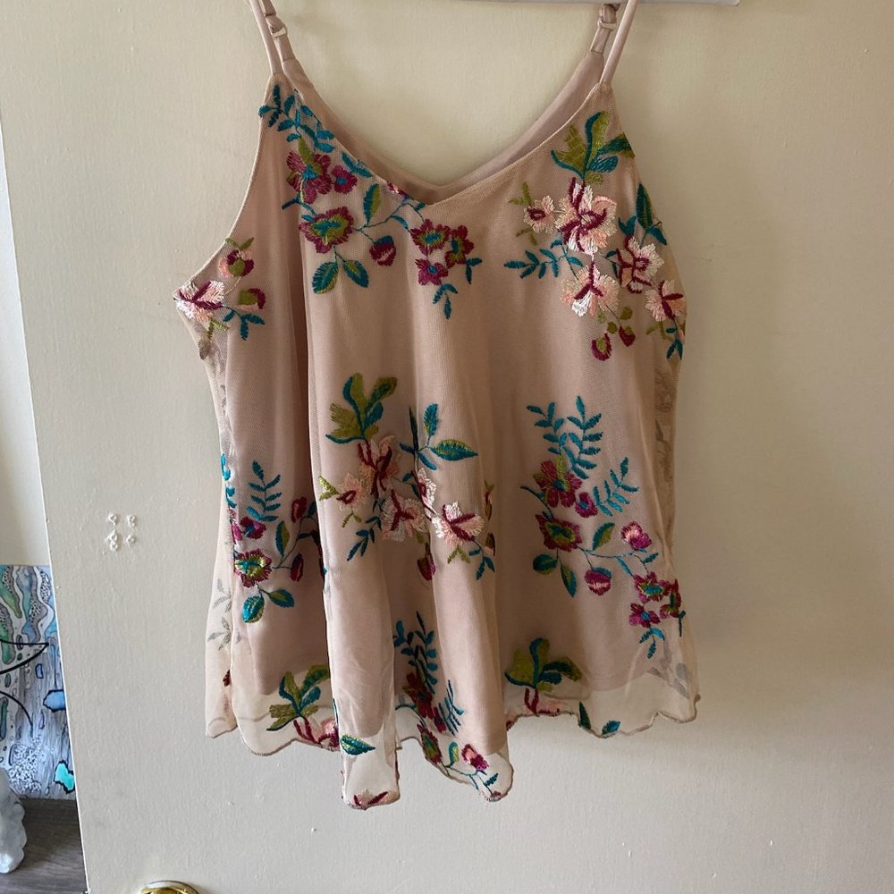 Willow Floral Embroidered Mesh Spaghetti Strap Top